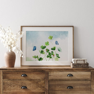 Watercolor Clovers and Butterflies Poster