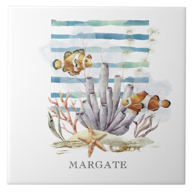 Watercolor CLOWN FISH Design,  Beach MARGATE  Tile (Front)