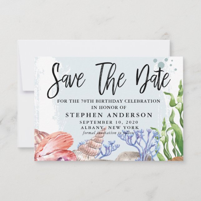 Watercolor Coastal 70th Birthday Party Save The Date (Front)