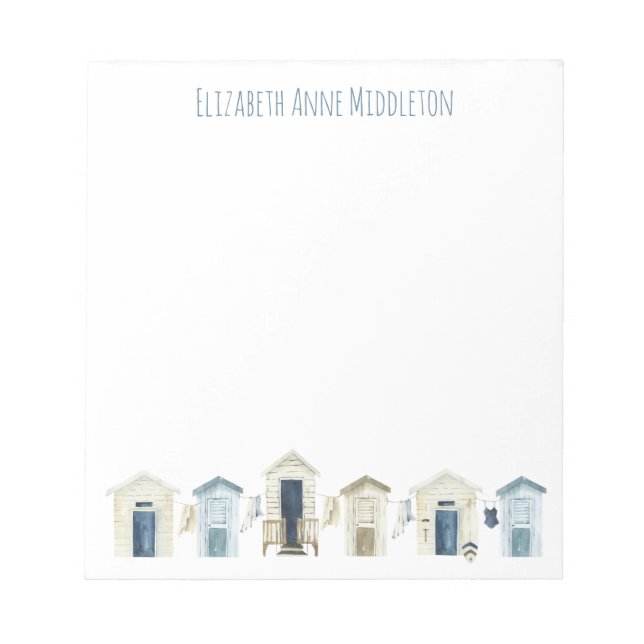 Watercolor Coastal Beach Huts Personalized Notepad (Front)