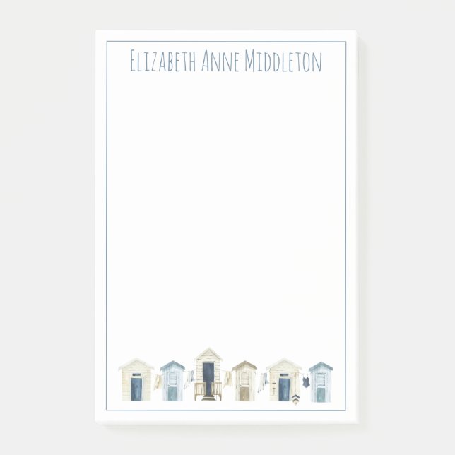 Watercolor Coastal Beach Huts Personalized Post-it Notes (Front)