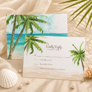 Watercolor Coastal Beach with Palm Trees Wedding RSVP Card