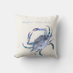 Watercolor Coastal Blue Crab Map Coordinates  Outdoor Pillow