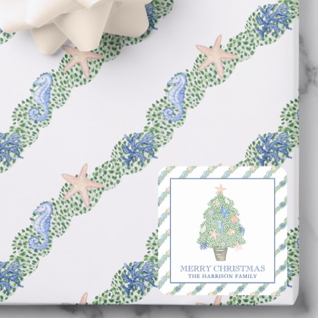 Watercolor Coastal Christmas Tree Gift Square Sticker (Creator Uploaded)