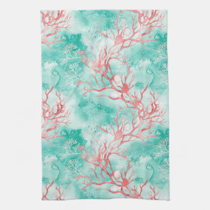 Watercolor Coastal Coral Pattern Kitchen Towel