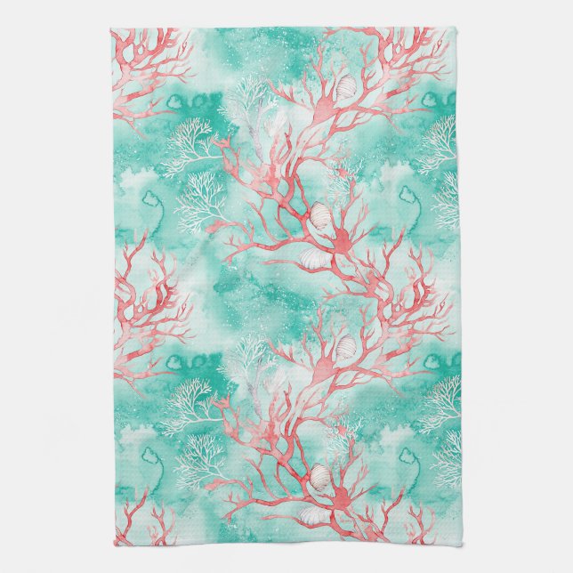 Watercolor Coastal Coral Pattern Kitchen Towel (Vertical)