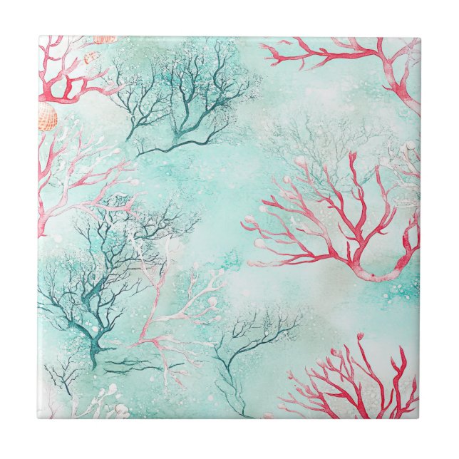 Watercolor Coastal Coral Pattern Tile (Front)