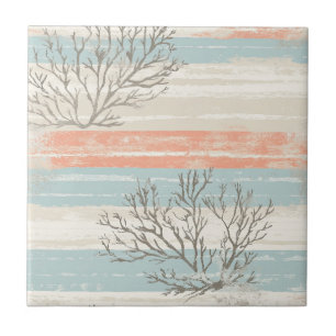 Watercolor Coastal Coral & Seashell Waves (1) Tile
