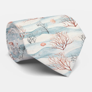 Watercolor Coastal Coral & Seashell Waves (2) Tie