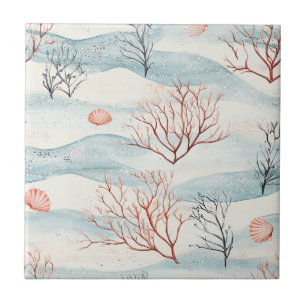 Watercolor Coastal Coral & Seashell Waves (4) Tile