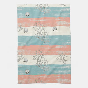 Watercolor Coastal Coral & Seashell Waves (5) Kitchen Towel