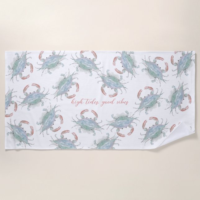 Watercolor Coastal Crab Beach Towel (Front)