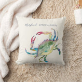 Watercolor Coastal Crab Map Coordinates Throw Pillow (Blanket)