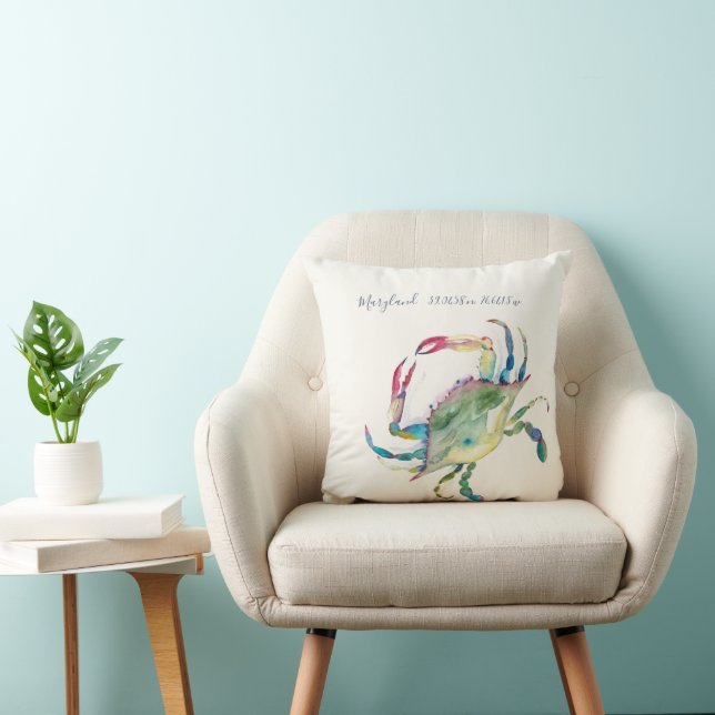 Watercolor Coastal Crab Map Coordinates Throw Pillow (Chair)