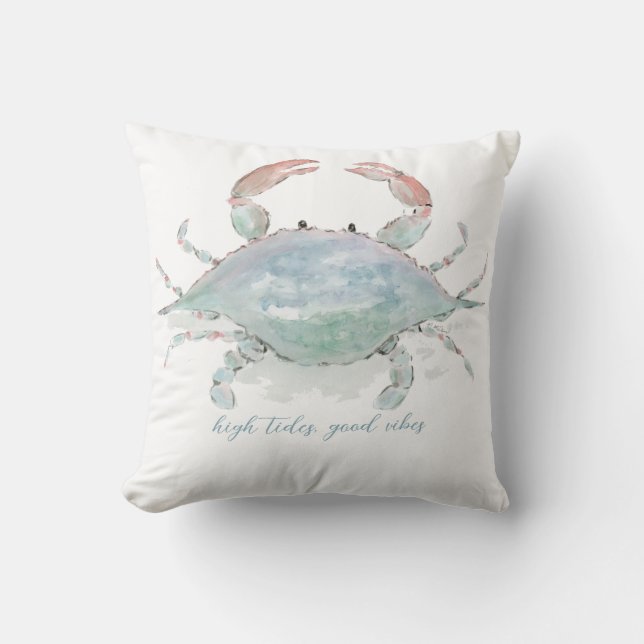 Watercolor Coastal Crab Throw Pillow (Front)