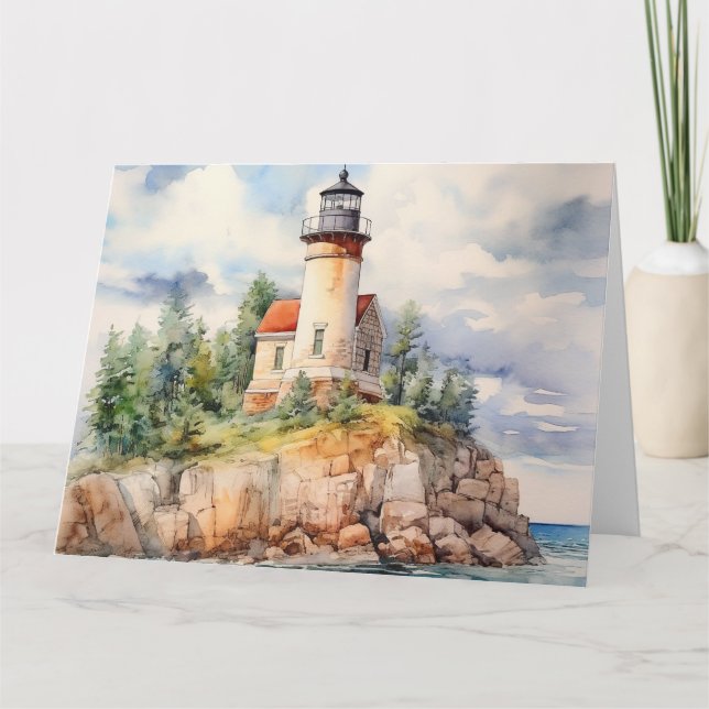 Watercolor Coastal Lighthouse Background Thank You Card (Front)