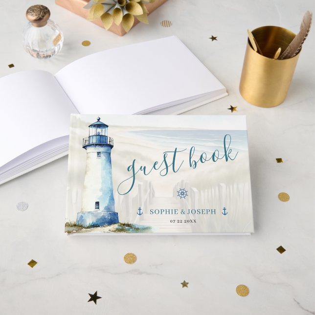 Watercolor Coastal New England Wedding Guest Book (Front Open)