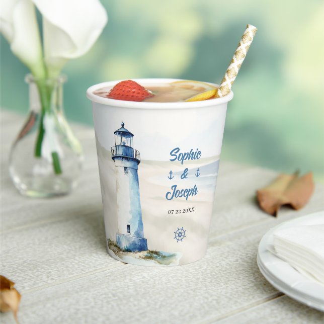 Watercolor Coastal New England Wedding Paper Cups (Insitu)