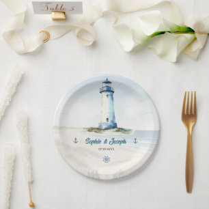 Watercolor Coastal New England Wedding Paper Plate