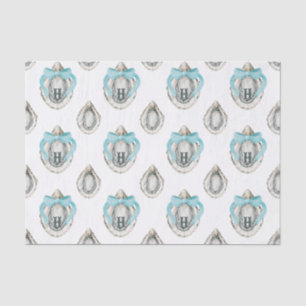 Watercolor Coastal Oysters Blue Bow Monogram Tissue Paper