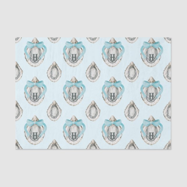 Watercolor Coastal Oysters Blue Bow Monogram Tissue Paper (Front)