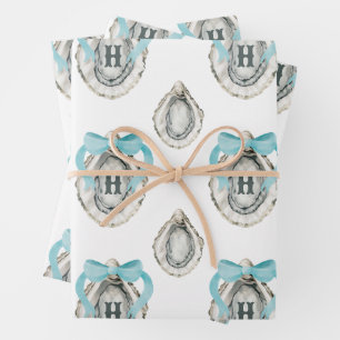Watercolor Coastal Oysters Blue Bow Monogram Wrapping Paper Sheet
