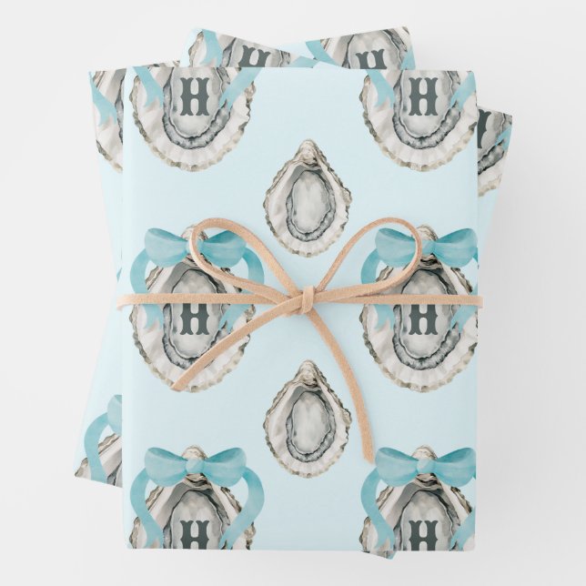 Watercolor Coastal Oysters Blue Bow Monogram Wrapping Paper Sheet (In situ)