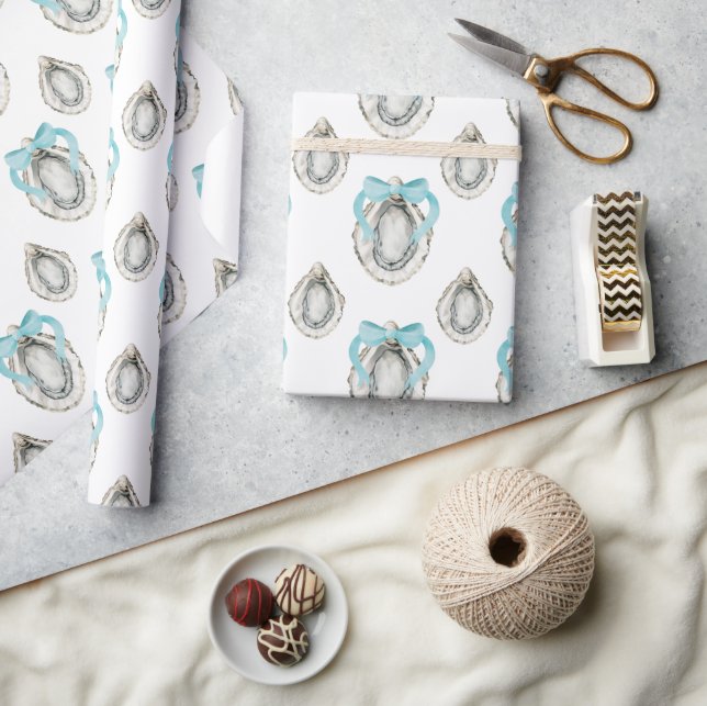 Watercolor Coastal Oysters Blue Bow Wrapping Paper (Crafts)