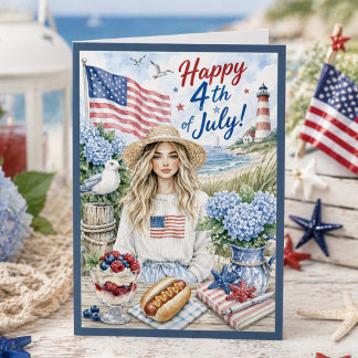 Watercolor Coastal Patriotic Happy 4th of July Card