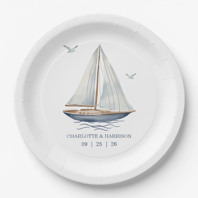 Watercolor Coastal Seascape Wedding Paper Plate (Front)