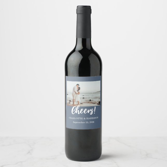 Watercolor Coastal Seascape Wedding Wine Label (Front)