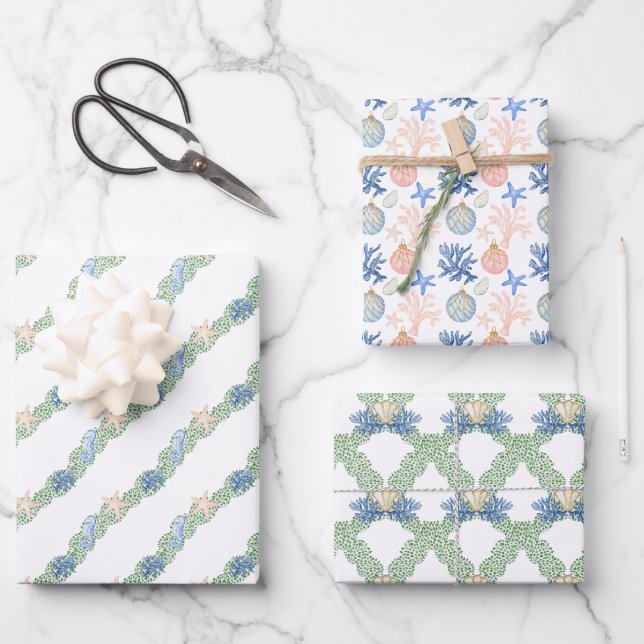 Watercolor Coastal Seaside Christmas Garland Wrapping Paper Sheet (Front)