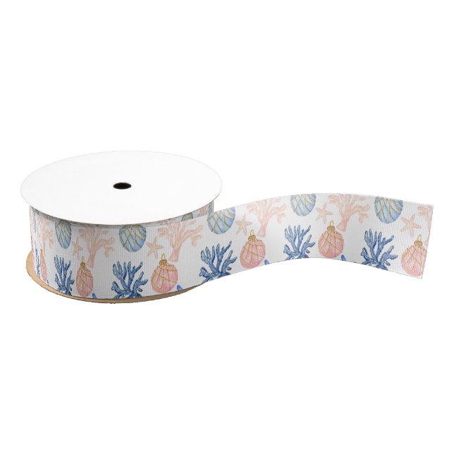 Watercolor Coastal Seaside Christmas Shells Grosgrain Ribbon (Spool)