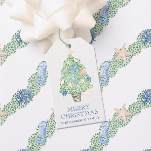 Watercolor Coastal Seaside Christmas Tree Gift Tags