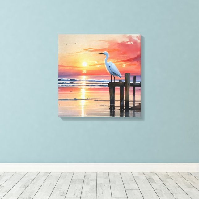 Watercolor Coastal Sunrise With Egret Canvas Print (Insitu(Wood Floor))