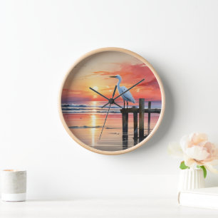 Watercolor Coastal Sunrise With Egret Clock