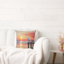 Watercolor Coastal Sunrise With Egret