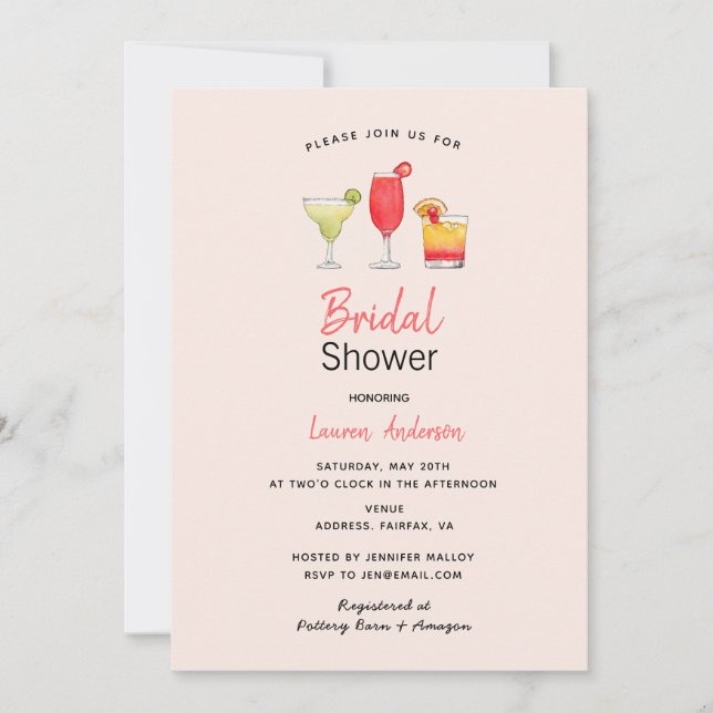 Watercolor cocktail bridal shower pink  announcement (Front)