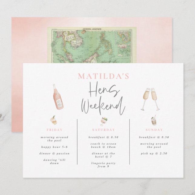 Watercolor cocktail champagne hens weekend 3 day (Front/Back)