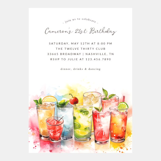 Watercolor Cocktail Hour 21st Birthday Invitation (Front)