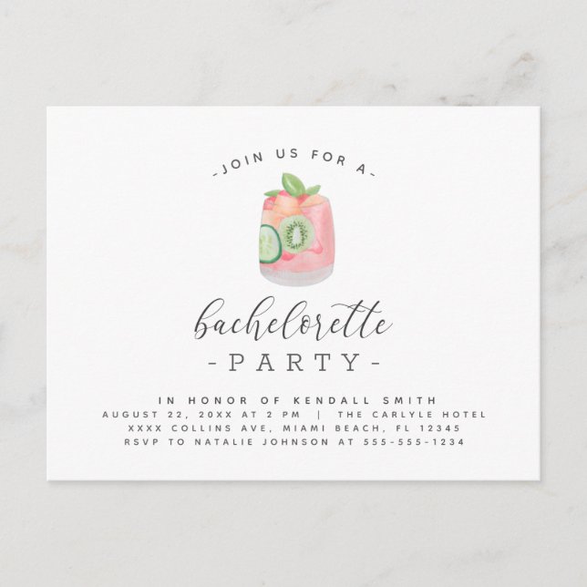 Watercolor Cocktail Minimalist Bachelorette Party Postcard (Front)