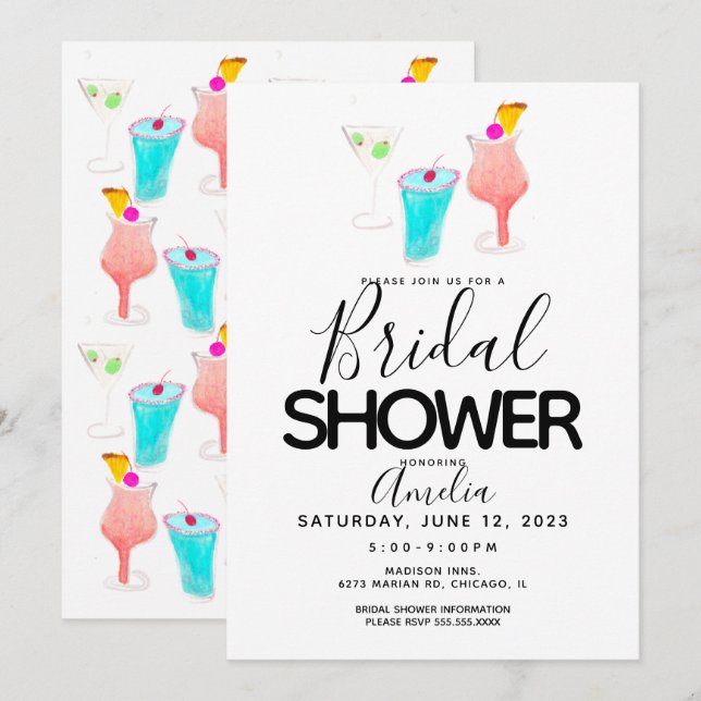 Watercolor Cocktail Painted Bridal Shower Event Invitation (Front/Back)