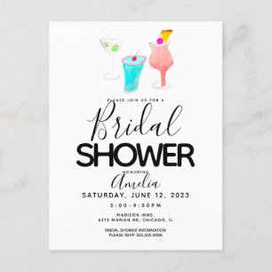 Watercolor Cocktail Painted Bridal Shower Party  Postcard