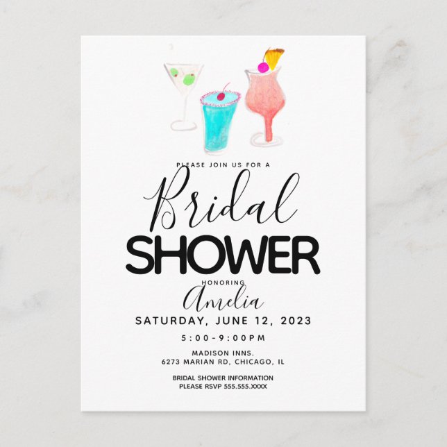 Watercolor Cocktail Painted Bridal Shower Party  Postcard (Front)