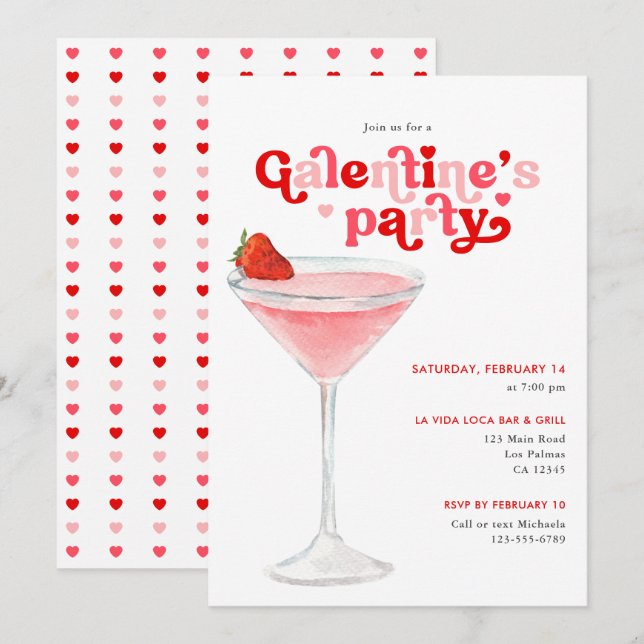 Watercolor Cocktail Retro Galentine's Day Party Invitation (Front/Back)