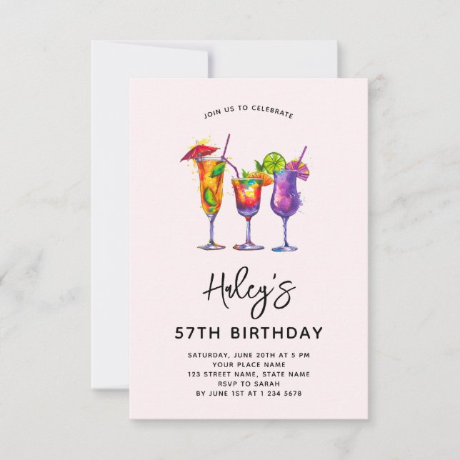 Watercolor Cocktails 57th Birthday Party Invitation (Front)
