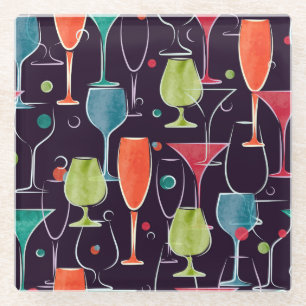 Watercolor cocktails, colourful vintage pattern. glass coaster