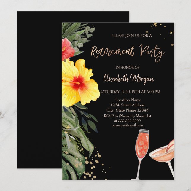 Watercolor Cocktails Hibiscus Black Retirement  Invitation (Front/Back)