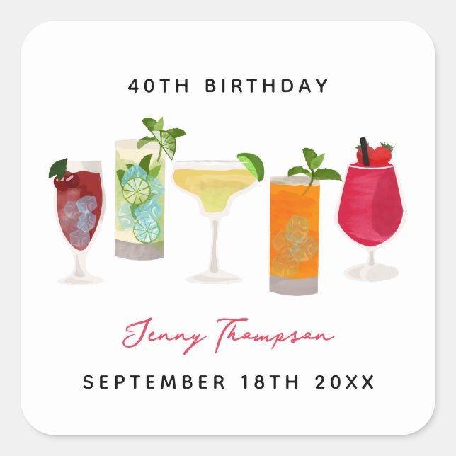 Watercolor Cocktails Party Drinks Birthday Party Square Sticker (Front)
