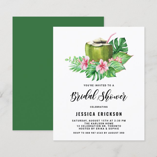 Watercolor Coconut Summer Bridal Shower Invitation (Front/Back)